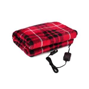 12 Volt Flame Resistant Flannel Electric Heated Car Blanket Travel Throw in Black and Red for Cars and RVs for Cold Weather