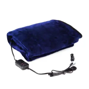 12V Blue Flannel Machine-Washable Flame-Resistant Heated Travel Throw Electric Car Blanket for Cold Weather Cars and RVs